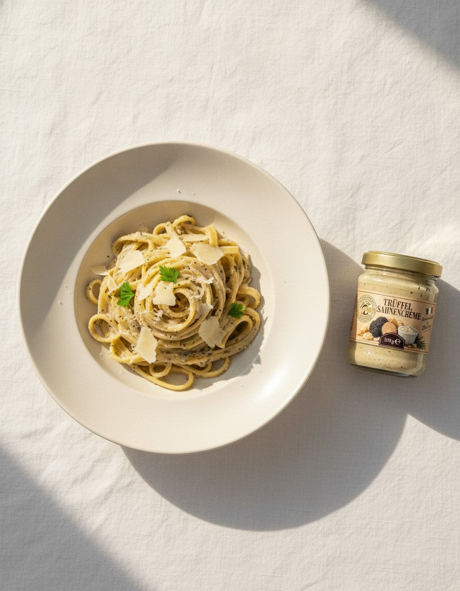 Tagliatelle cu cremă panna de trufe Luck Pilze, servite în farfurie