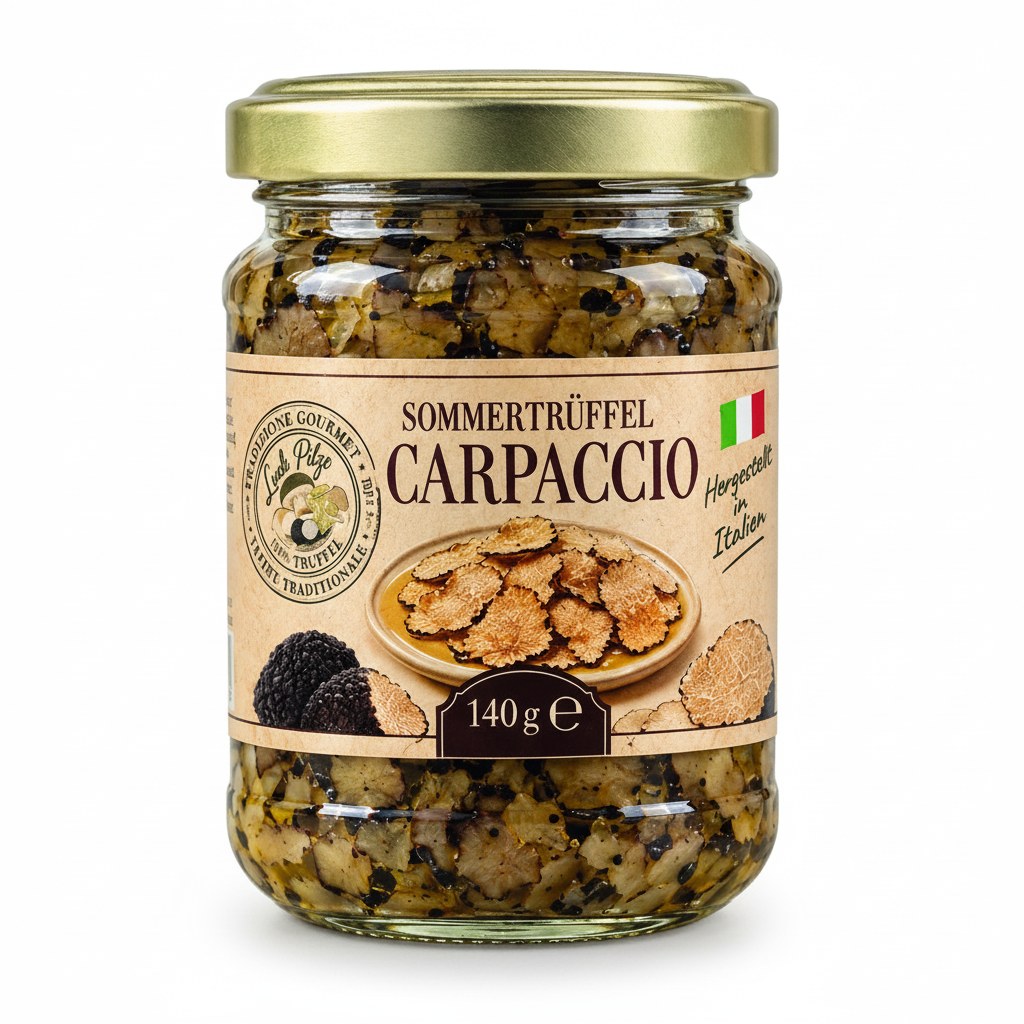 Sommertrüffel-Carpaccio 140 g Luck Pilze auf weißem Hintergrund