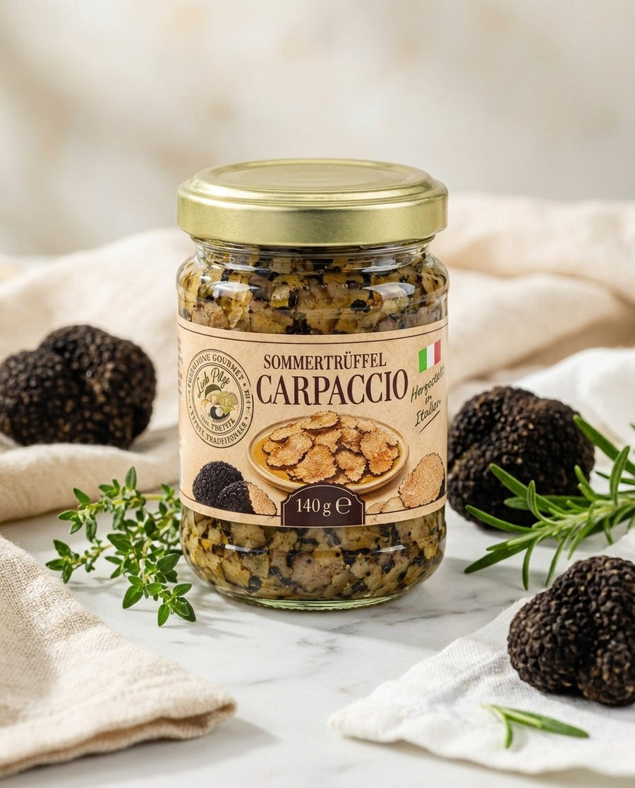Sommertrüffel-Carpaccio 140 g Luck Pilze auf Marmorplatte