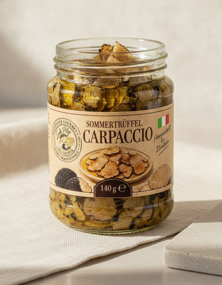 Sommertrüffel-Carpaccio 140 g Luck Pilze, Nahaufnahme des geöffneten Produkts