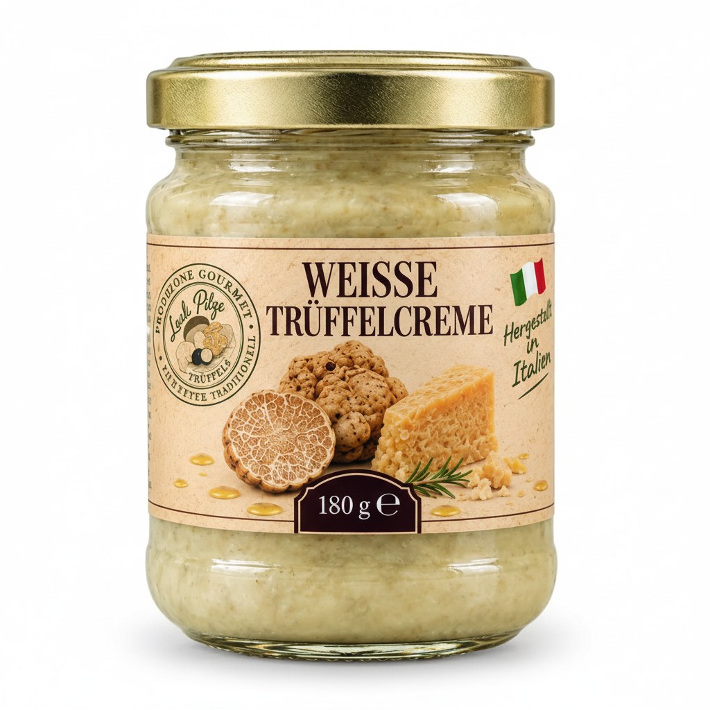Weiße Trüffelcreme 180 g Luck Pilze auf weißem Hintergrund