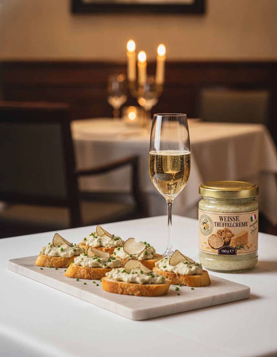 Crema al tartufo bianco 180 g Luck Pilze servita a tavola