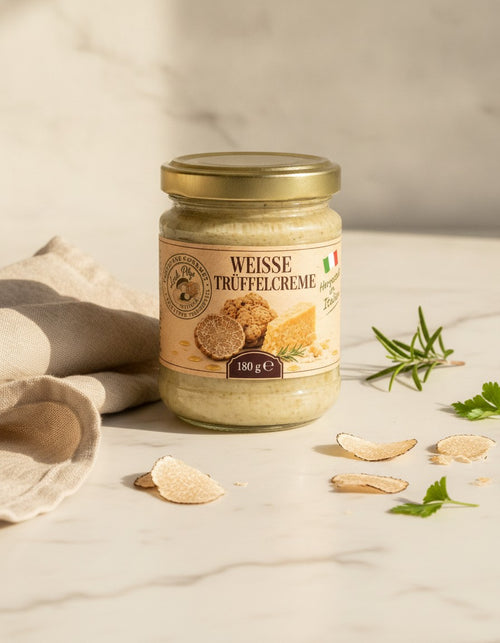 Weiße Trüffelcreme 180 g Luck Pilze auf Marmorplatte