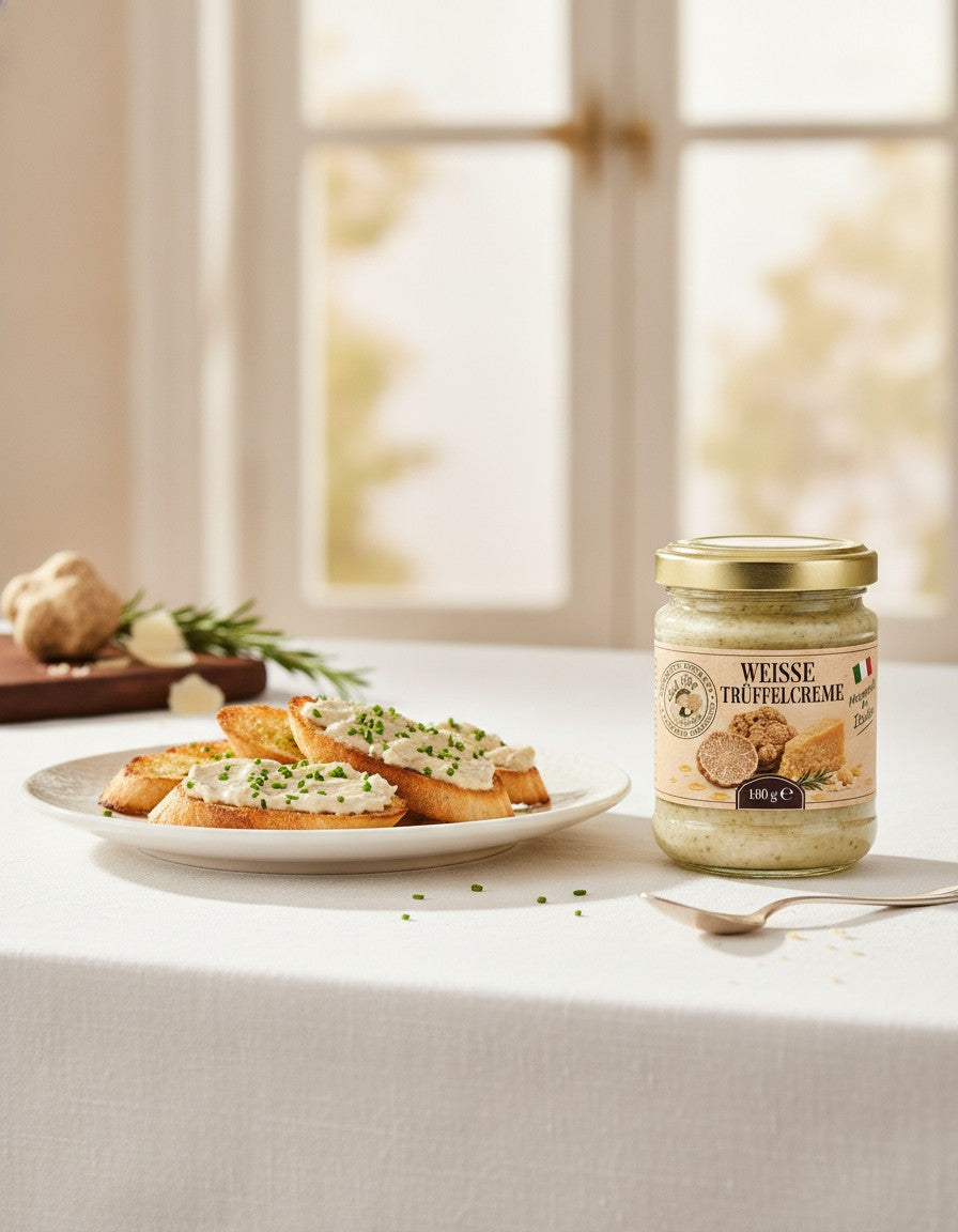 Weiße Trüffelcreme 180 g Luck Pilze auf einem Tisch am Fenster, neben einem servierten Gericht