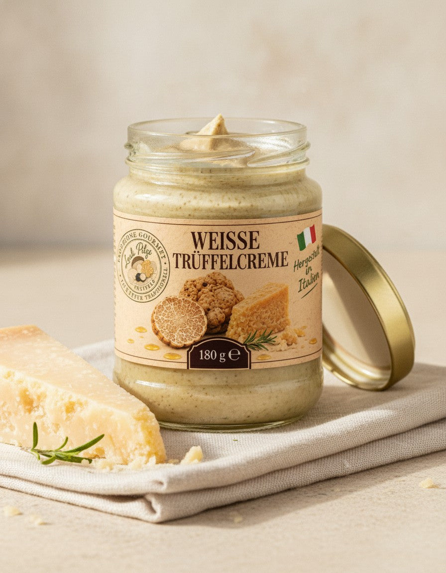 Weiße Trüffelcreme 180 g Luck Pilze, Nahaufnahme des geöffneten Produkts