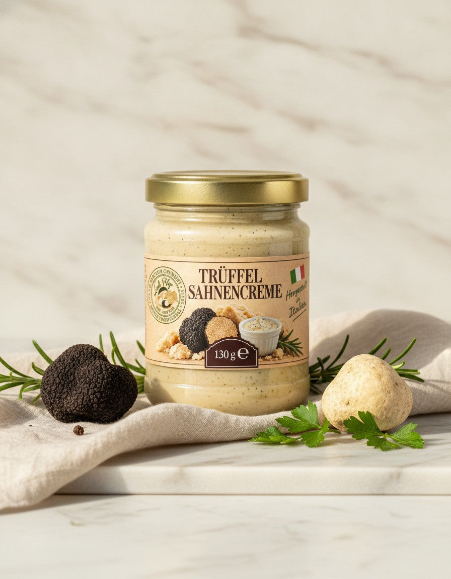 Crema di panna al tartufo 130 g Luck Pilze su piano di marmo