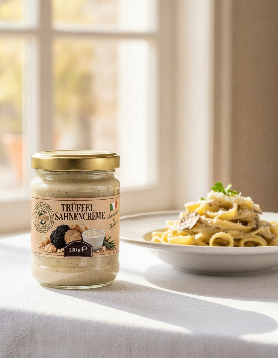 Crema di panna al tartufo 130 g Luck Pilze su un tavolo vicino alla finestra, accanto a un piatto servito
