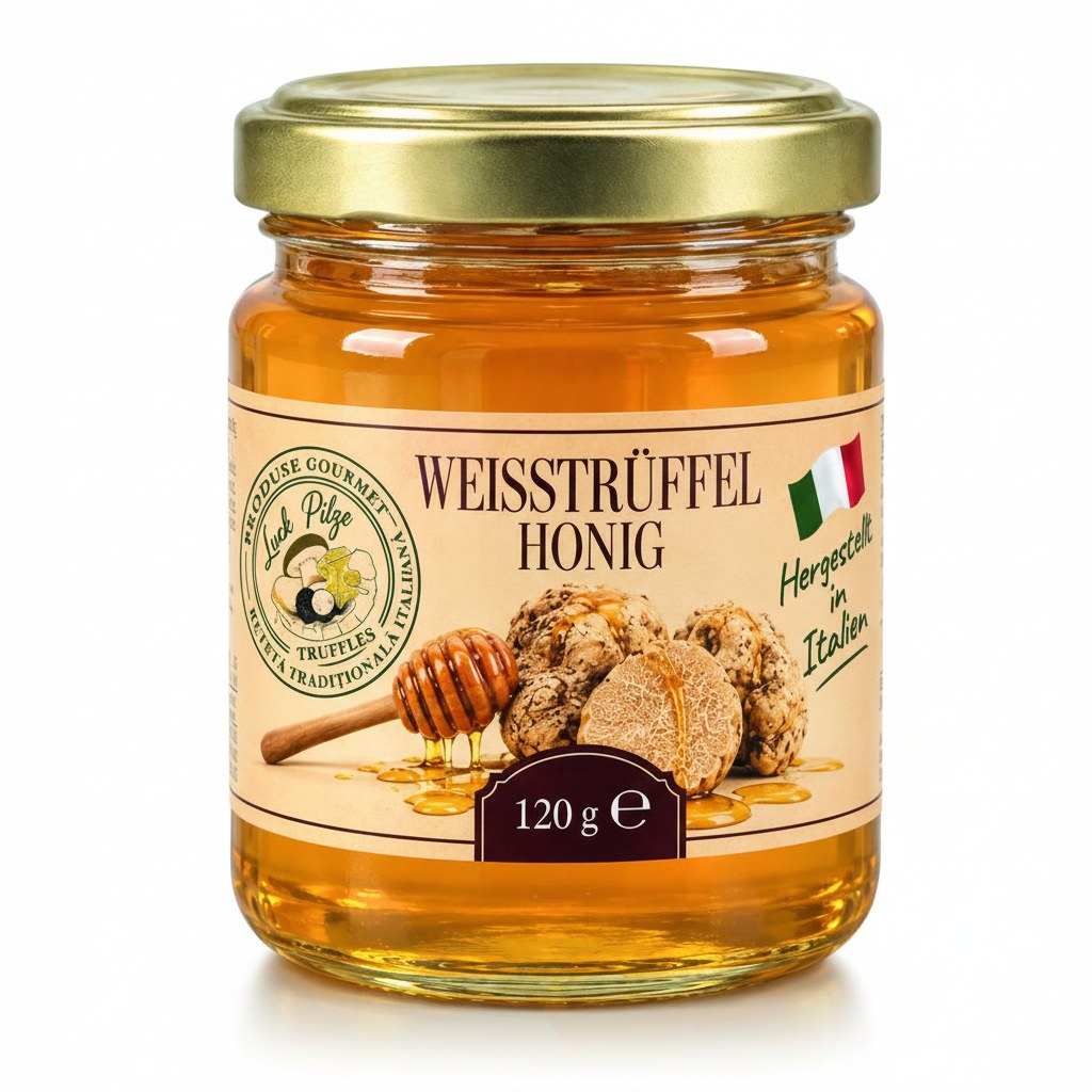 Acacia honey with white truffle 120 g Luck Pilze on white background