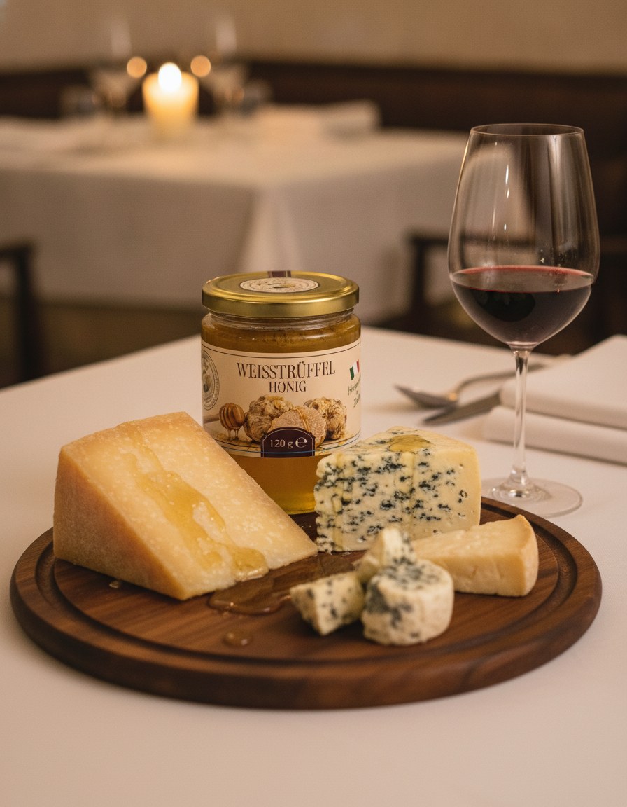 Acacia honey with white truffle 120 g Luck Pilze served at the table
