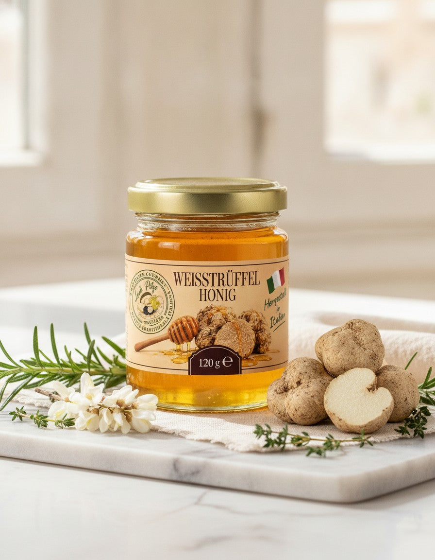 Akazienhonig mit weißem Trüffel 120 g Luck Pilze auf Marmorplatte