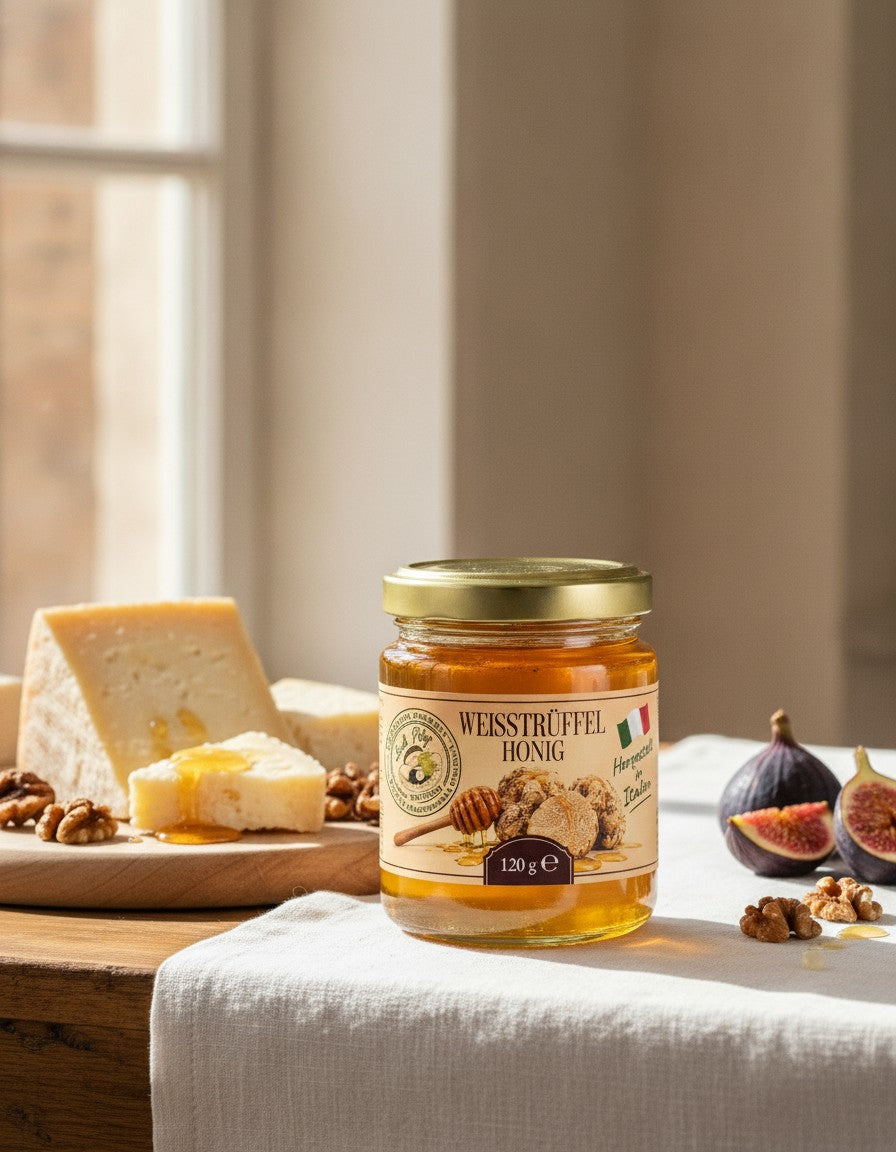 Acacia honey with white truffle 120 g Luck Pilze on a table by the window, next to a served dish