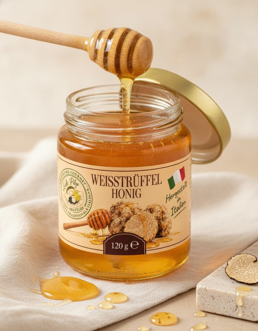 Akazienhonig mit weißem Trüffel 120 g Luck Pilze, Nahaufnahme des geöffneten Produkts