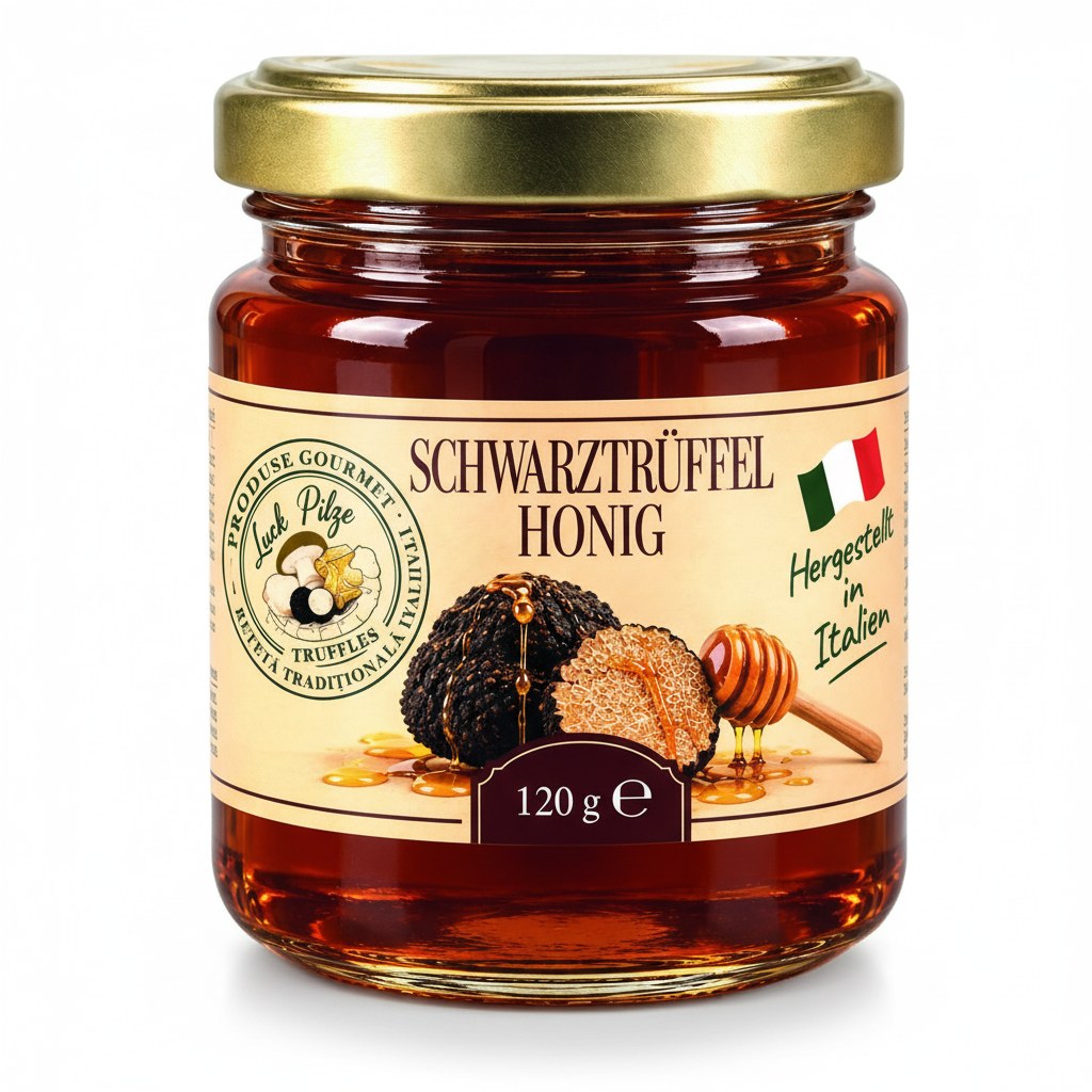 Akazienhonig mit schwarzem Trüffel 120 g Luck Pilze auf weißem Hintergrund