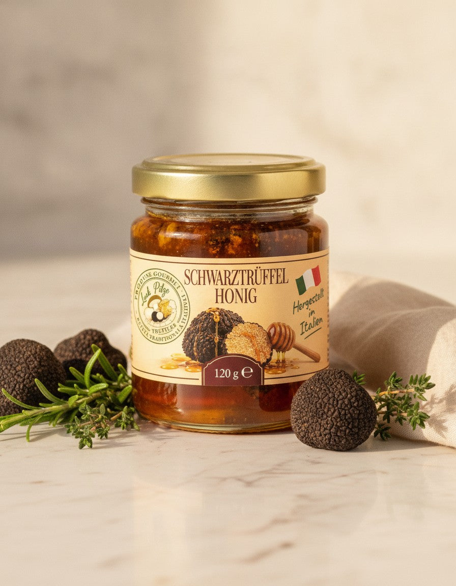 Akazienhonig mit schwarzem Trüffel 120 g Luck Pilze auf Marmorplatte
