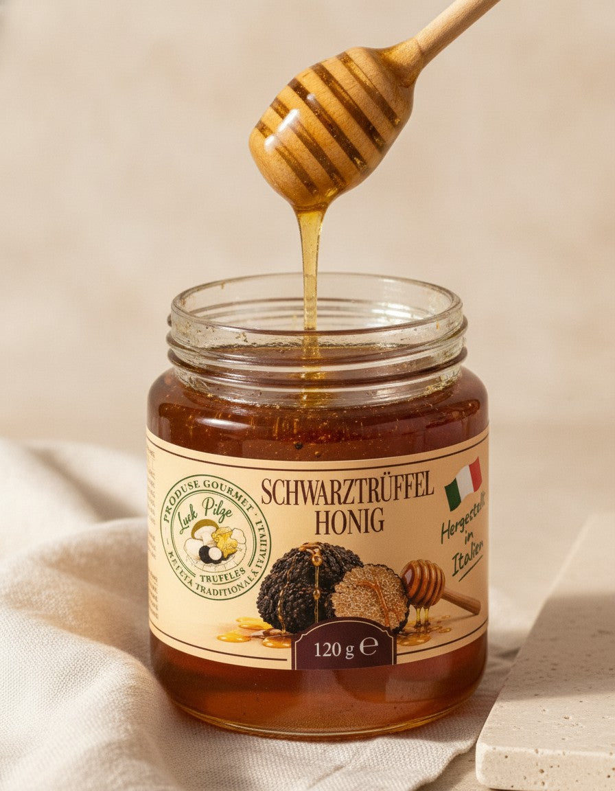 Akazienhonig mit schwarzem Trüffel 120 g Luck Pilze, Nahaufnahme des geöffneten Produkts