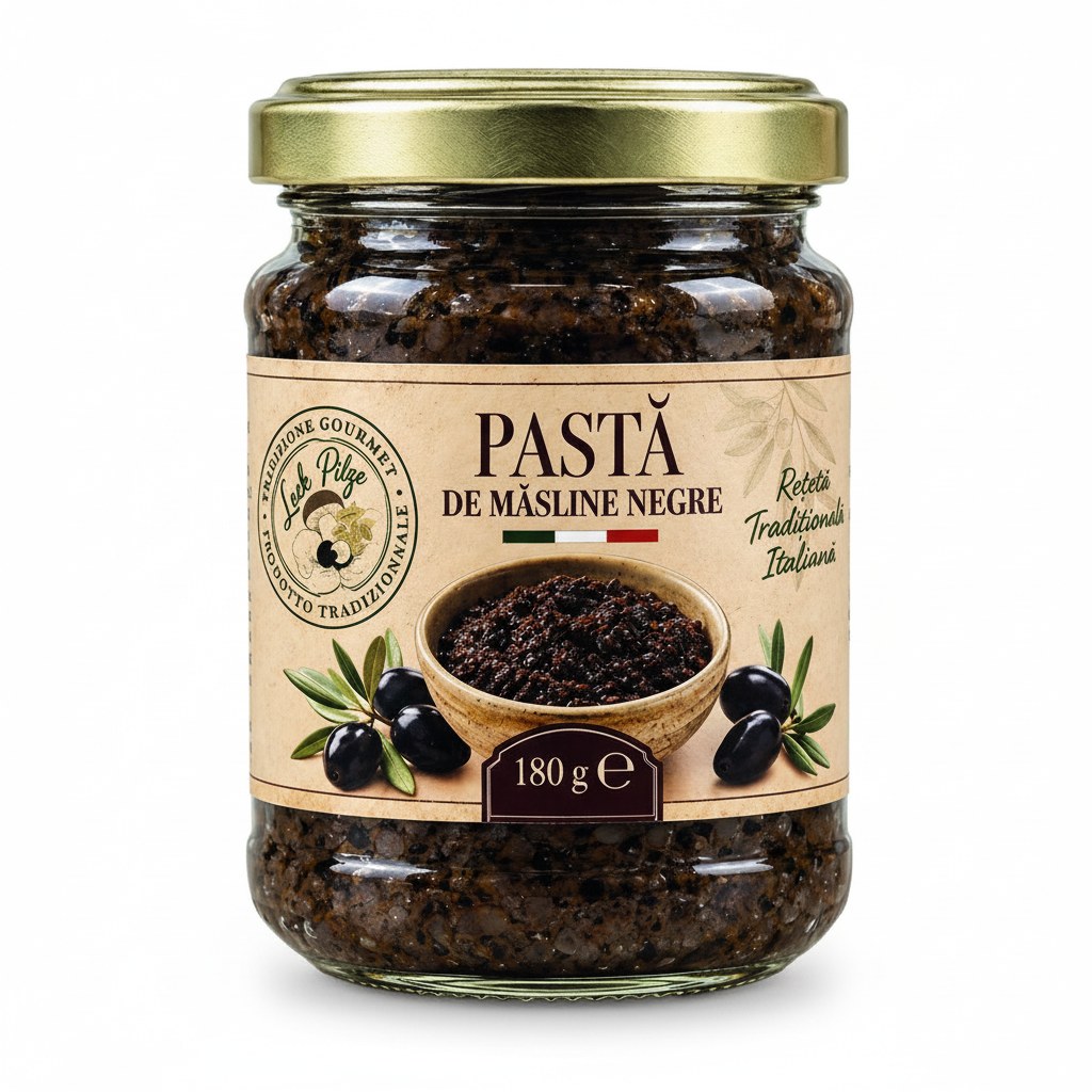 Schwarze Olivenpaste 180 g Luck Pilze auf weißem Hintergrund