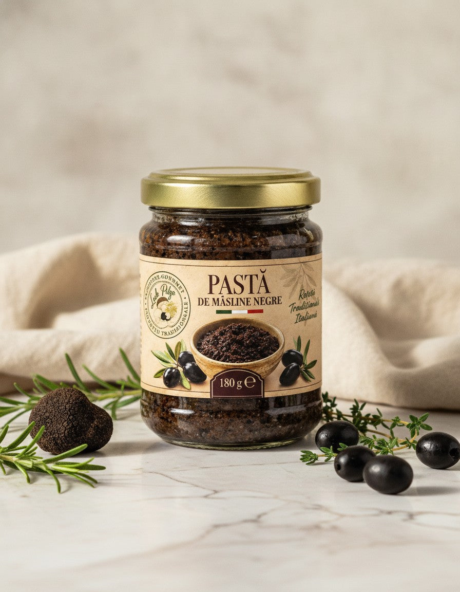 Schwarze Olivenpaste 180 g Luck Pilze auf Marmorplatte