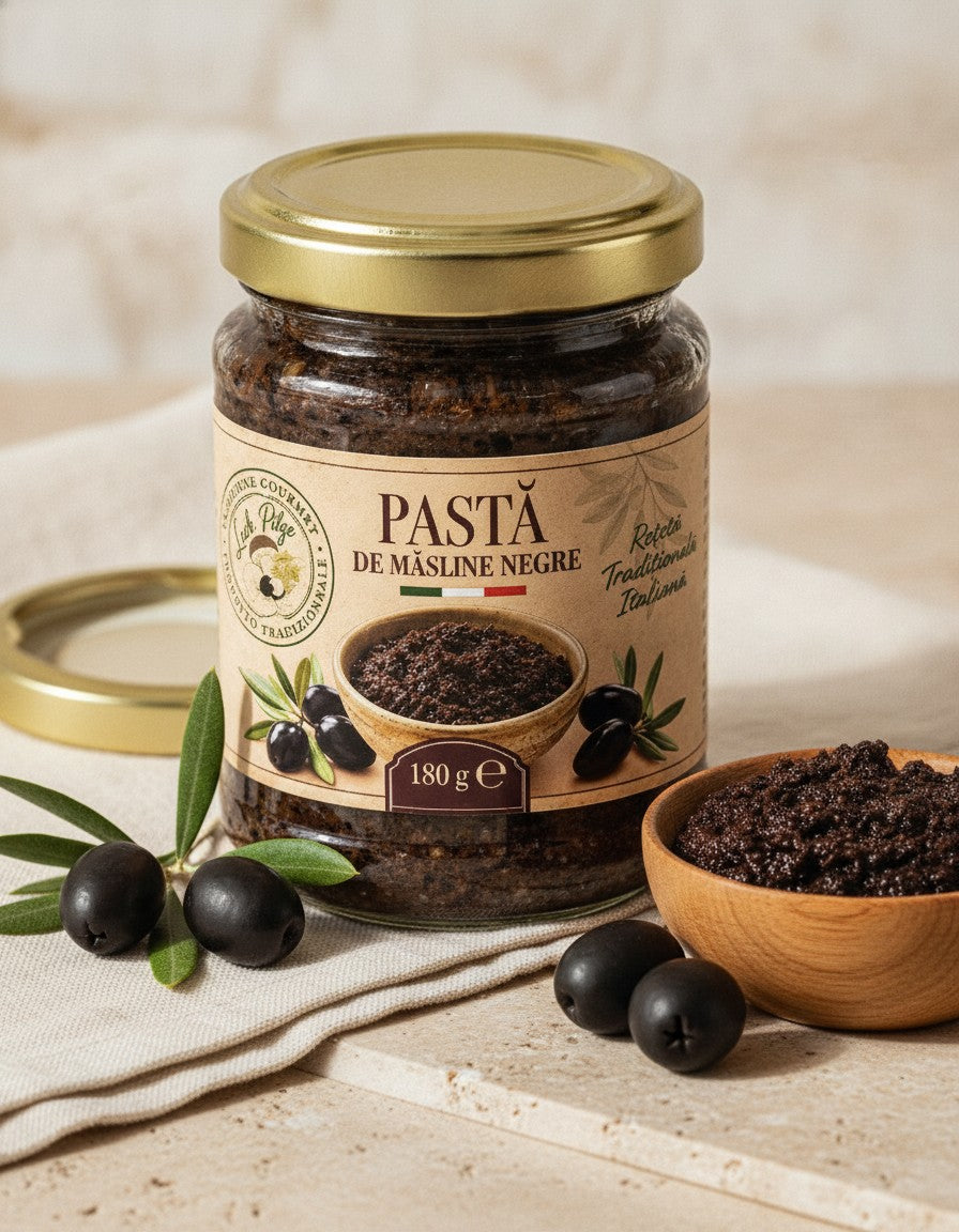 Schwarze Olivenpaste 180 g Luck Pilze, Nahaufnahme des geöffneten Produkts