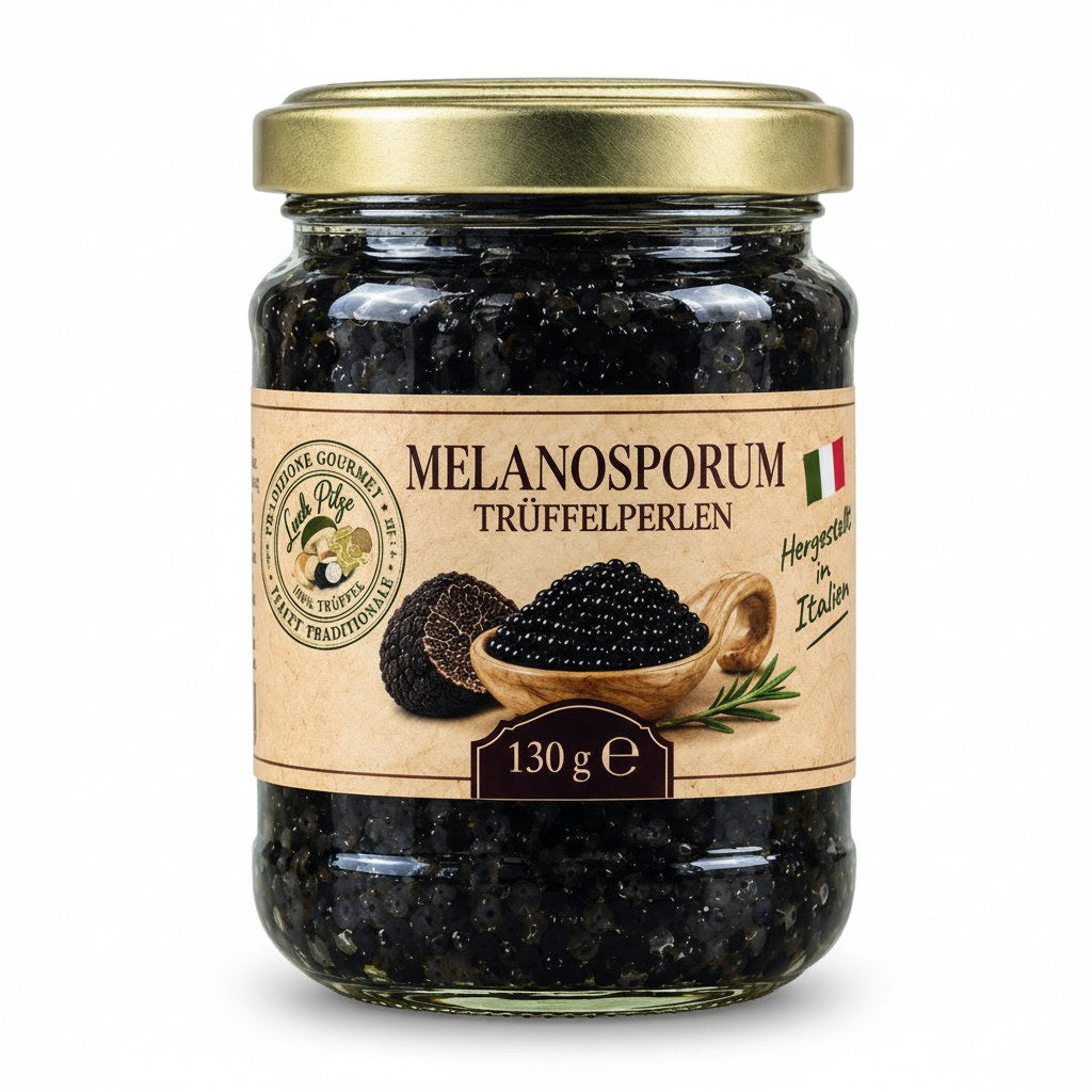 Perle di tartufo Melanosporum 130 g Luck Pilze su sfondo bianco