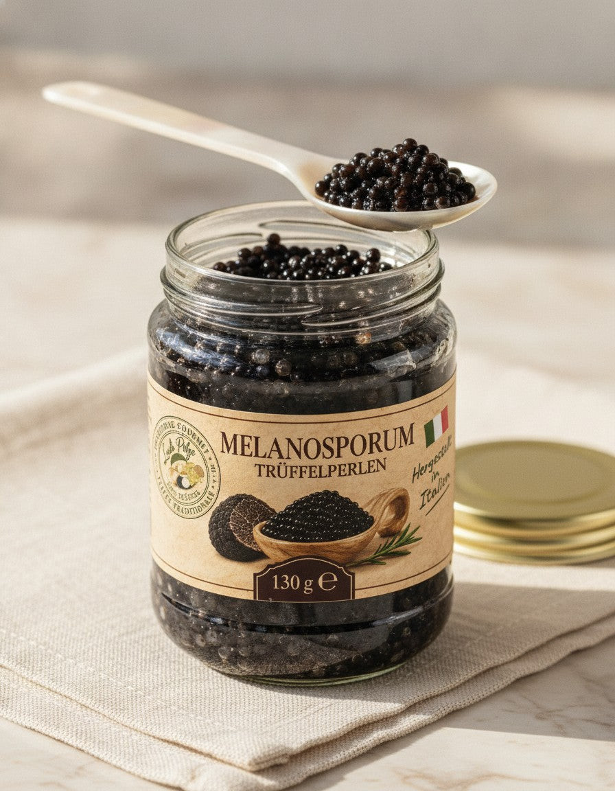 Trüffelperlen Melanosporum 130 g Luck Pilze, Nahaufnahme des geöffneten Produkts