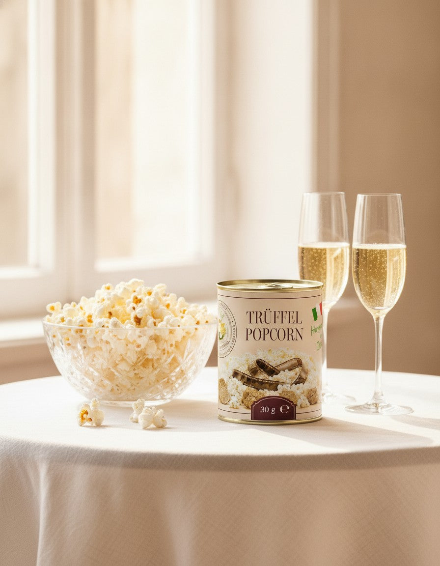 Trüffel-Popcorn 30 g Luck Pilze auf einem Tisch am Fenster, neben einem servierten Gericht