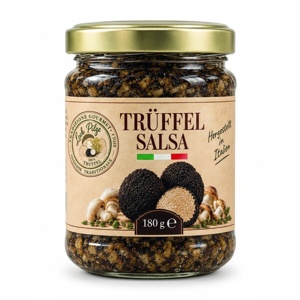 Trüffelsauce Salsa Tartufata 180 g Luck Pilze auf weißem Hintergrund