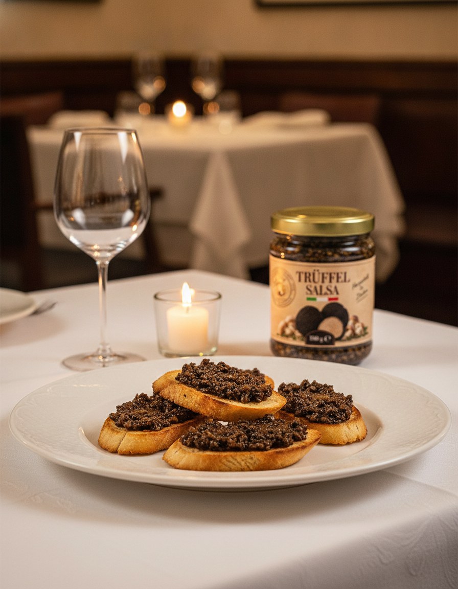 Truffle salsa 180 g Luck Pilze served at the table
