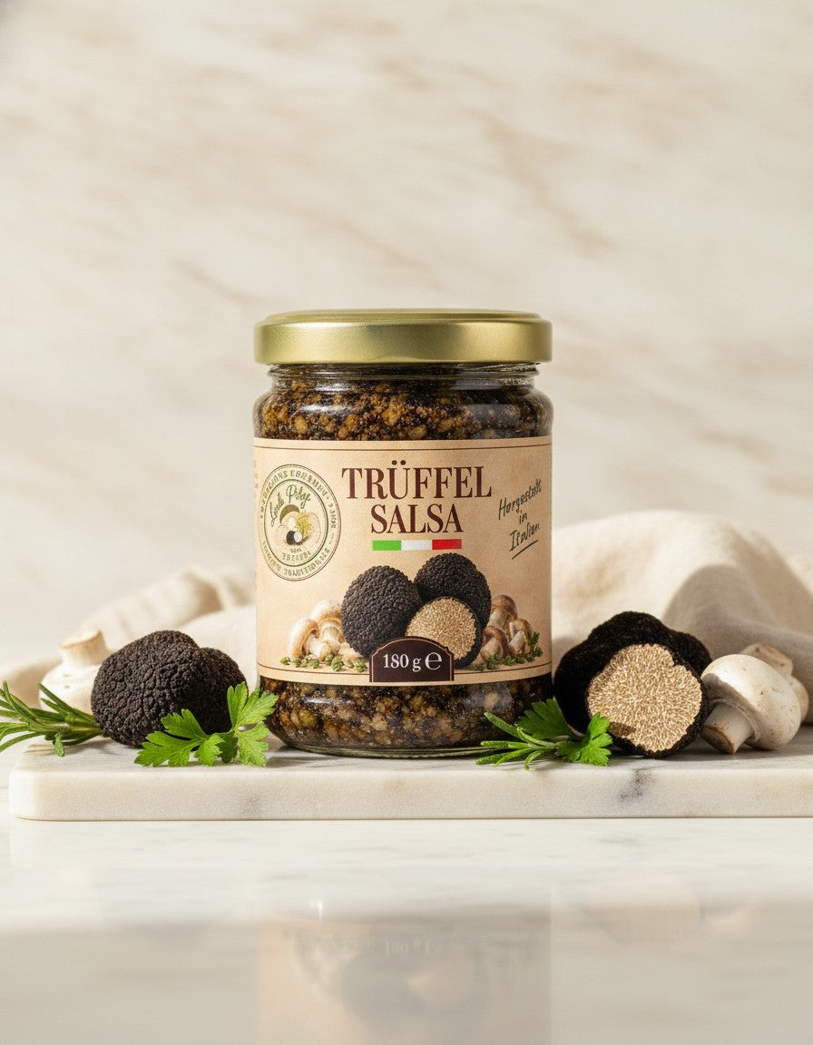 Trüffelsauce Salsa Tartufata 180 g Luck Pilze auf Marmorplatte