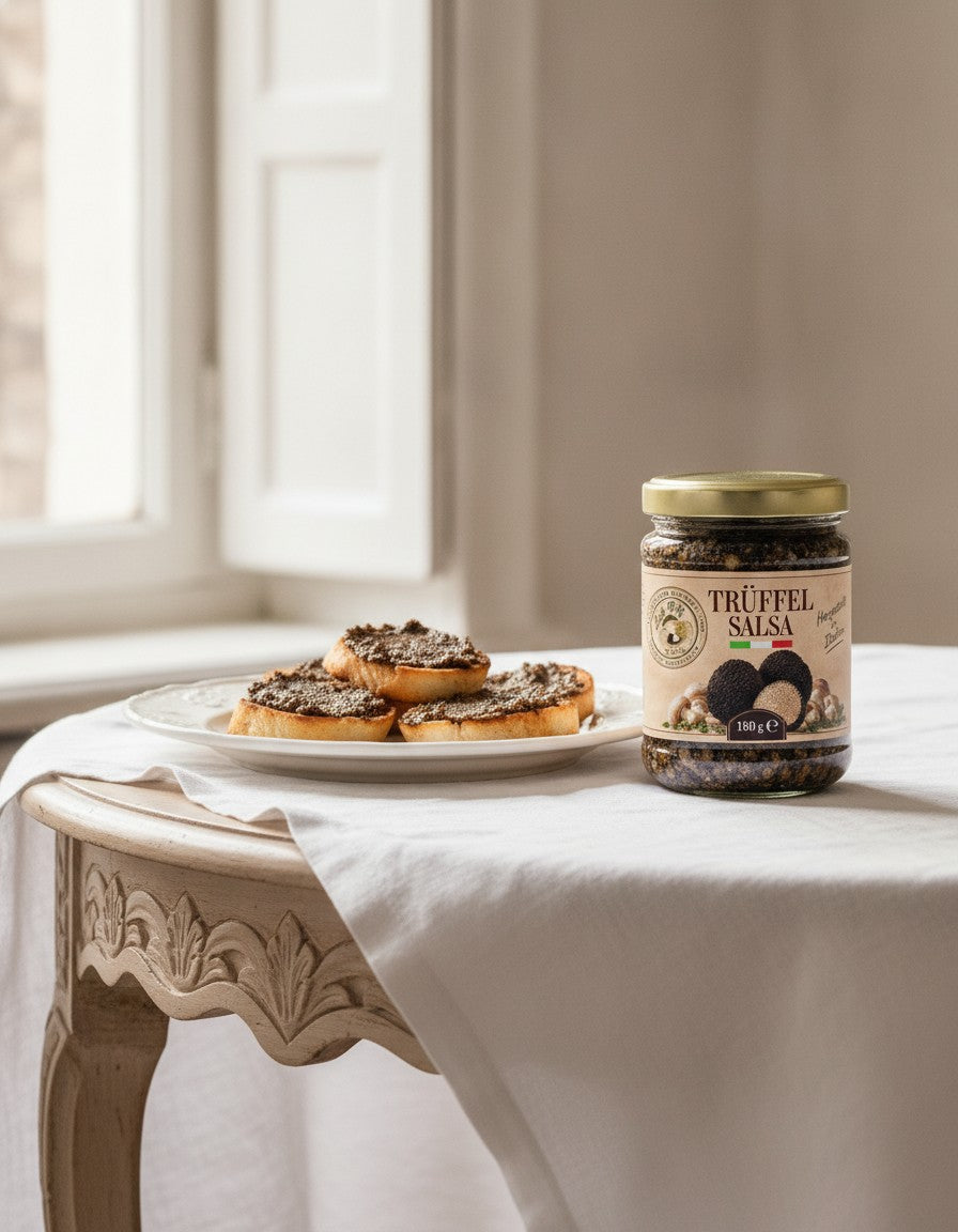 Trüffelsauce Salsa Tartufata 180 g Luck Pilze auf einem Tisch am Fenster, neben einem servierten Gericht