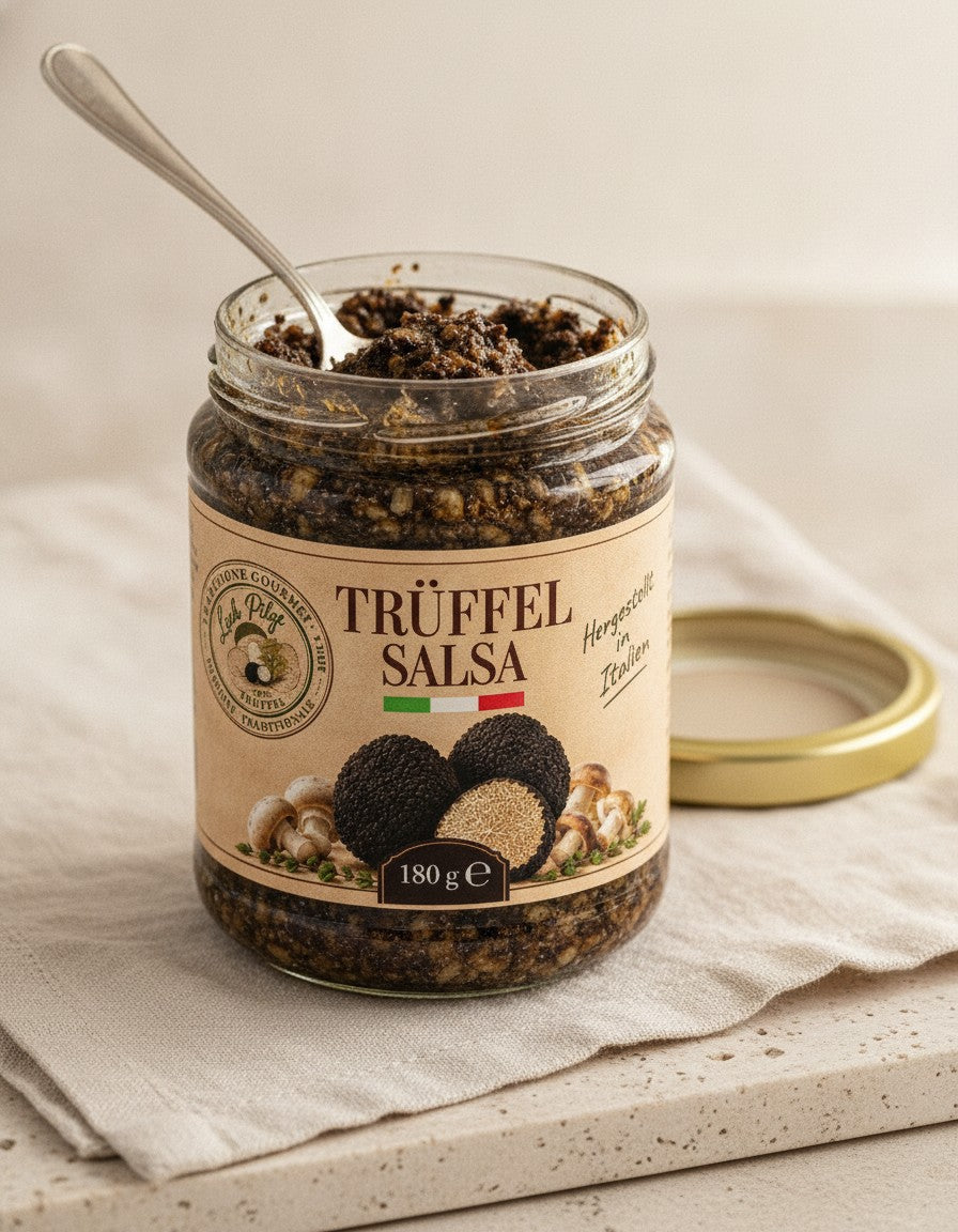 Trüffelsauce Salsa Tartufata 180 g Luck Pilze, Nahaufnahme des geöffneten Produkts