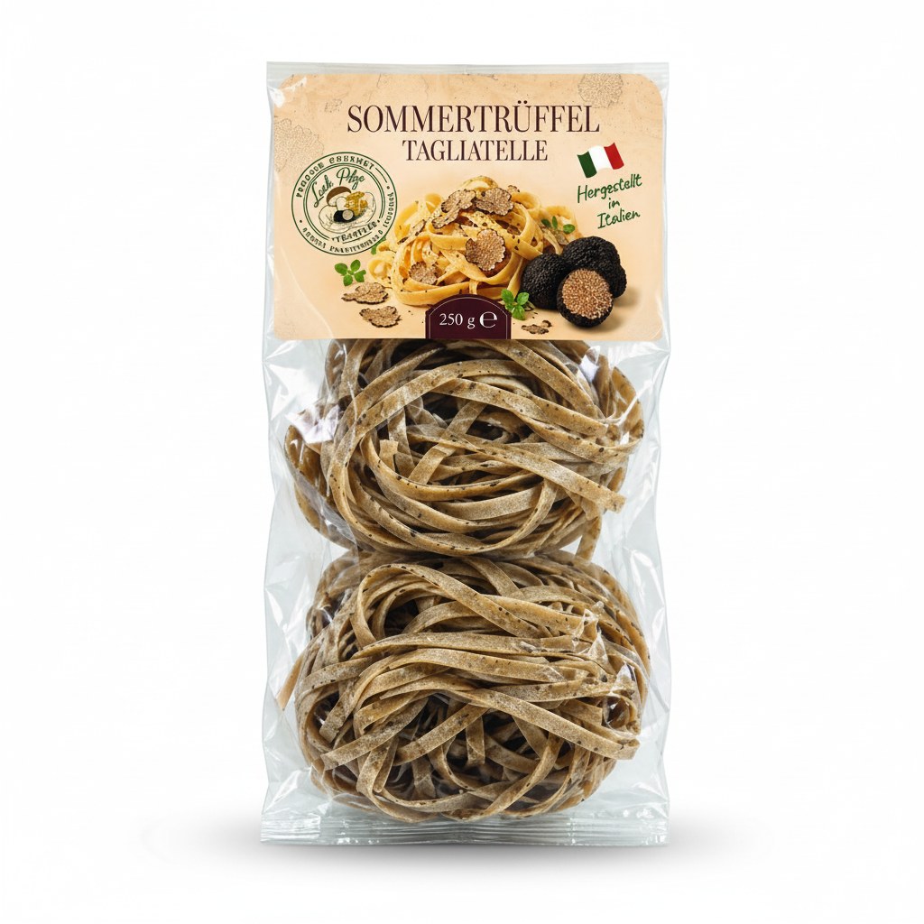 Tagliatelle mit Sommertrüffel 250 g Luck Pilze auf weißem Hintergrund