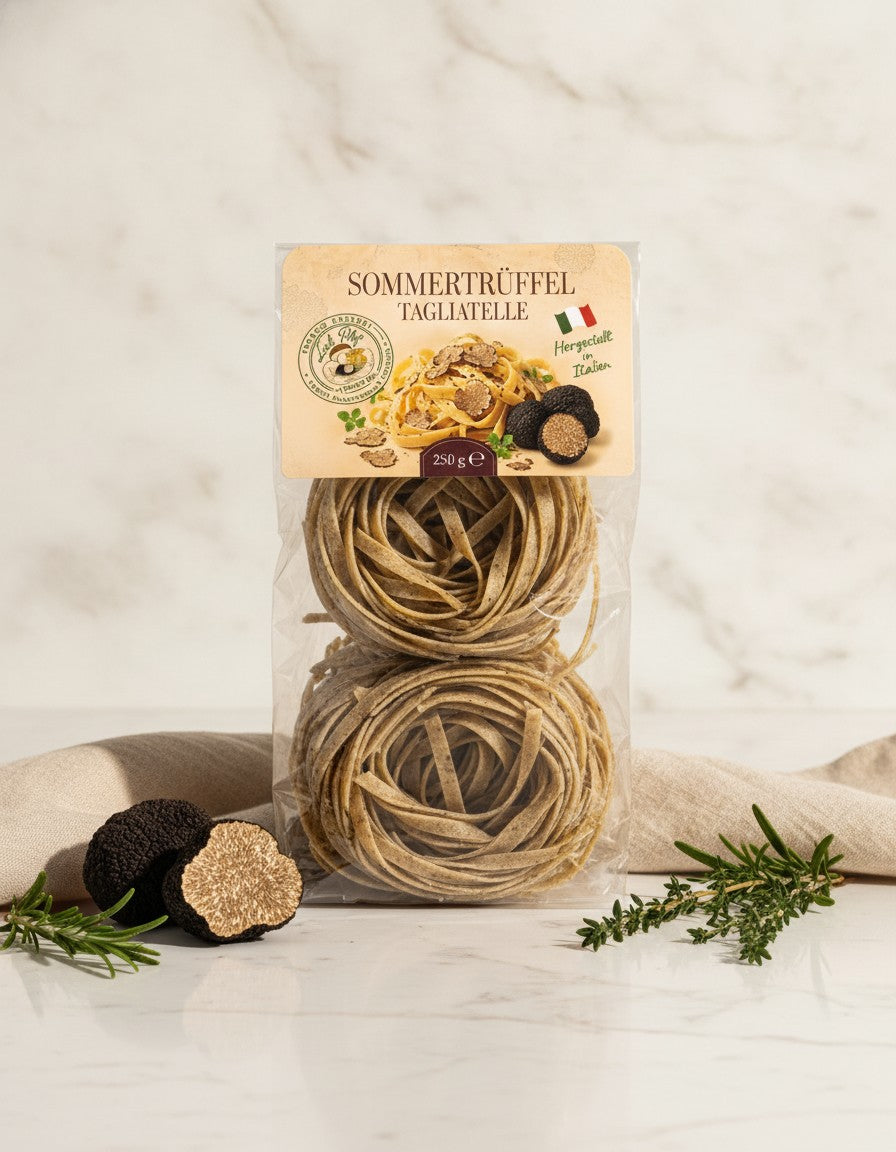 Tagliatelle mit Sommertrüffel 250 g Luck Pilze auf Marmorplatte