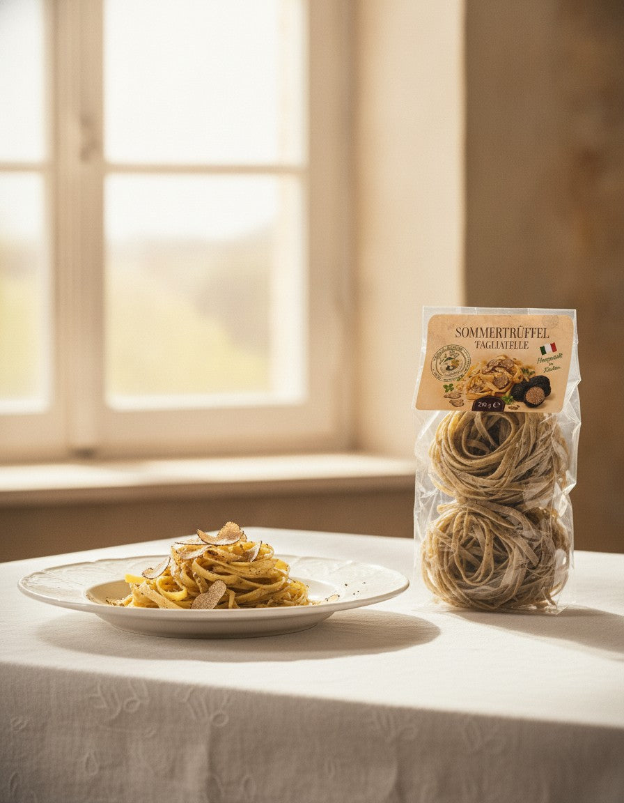 Tagliatelle mit Sommertrüffel 250 g Luck Pilze auf einem Tisch am Fenster, neben einem servierten Gericht