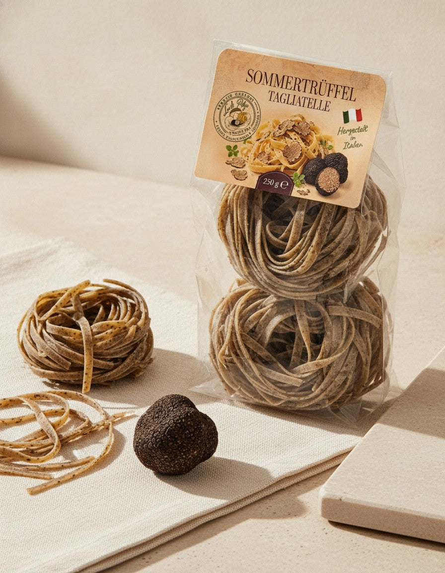 Tagliatelle cu trufe de vară 250 g Luck Pilze, detaliu de aproape al produsului deschis