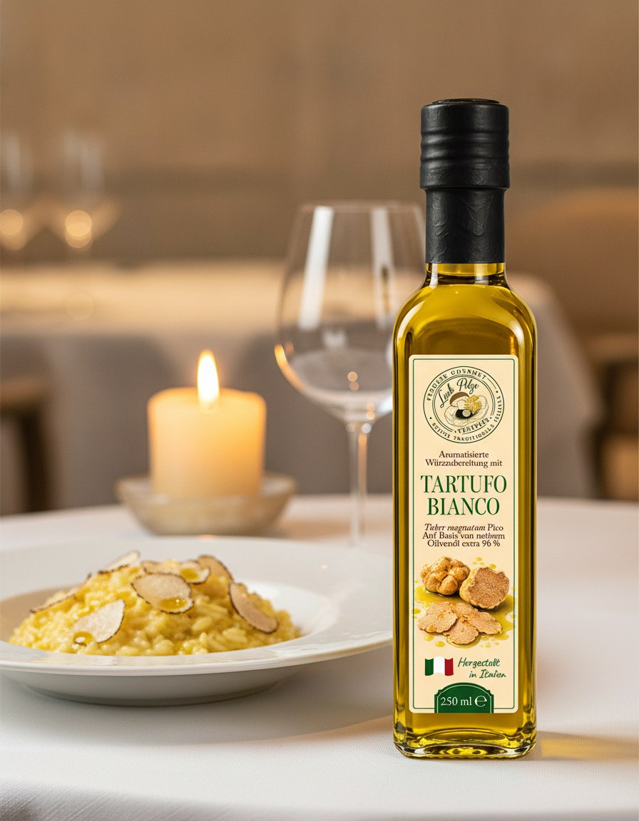 Olio d'oliva aromatizzato al tartufo bianco 250 ml Luck Pilze servito a tavola