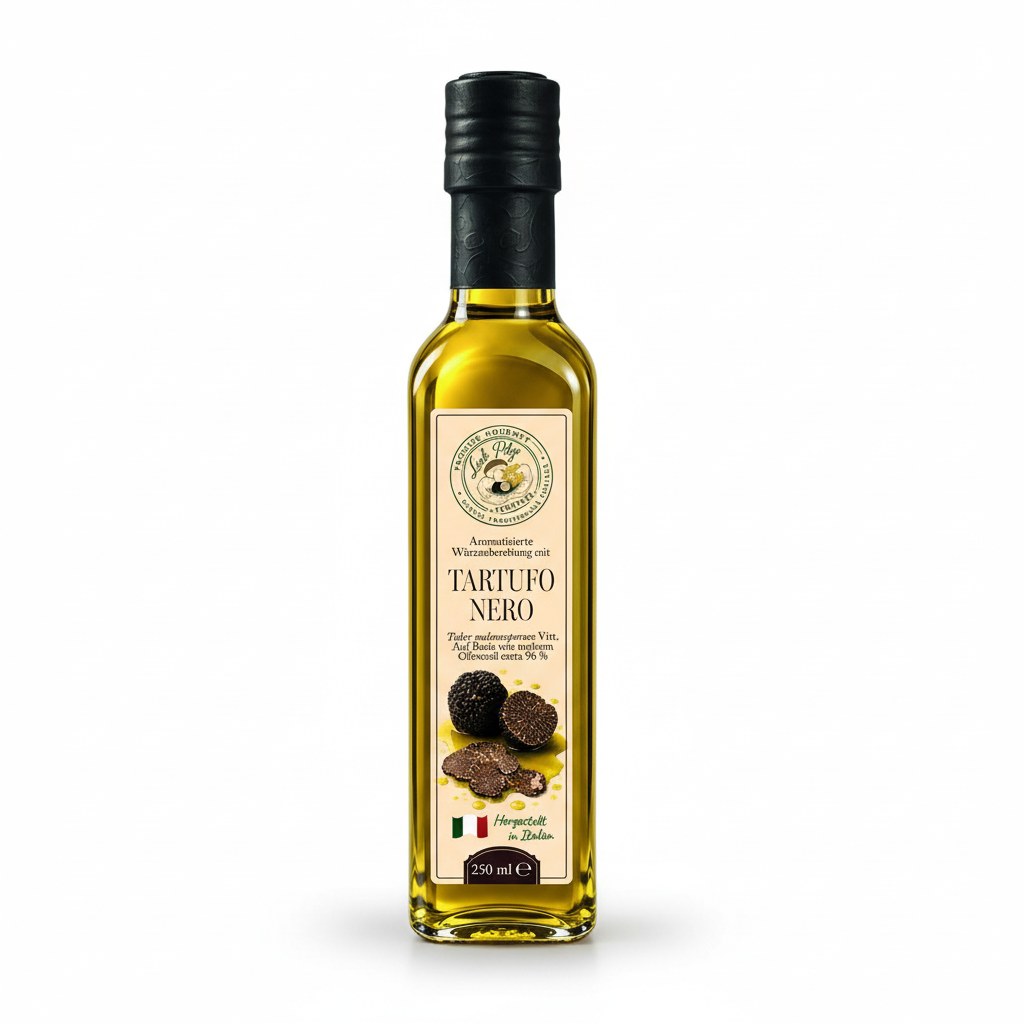 Olivenöl mit schwarzem Trüffelaroma 250 ml Luck Pilze auf weißem Hintergrund