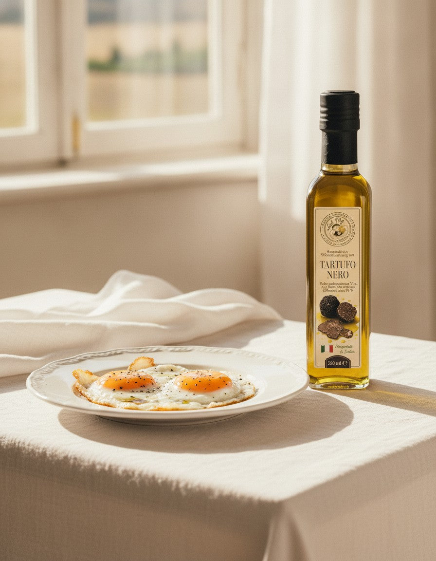 Olivenöl mit schwarzem Trüffelaroma 250 ml Luck Pilze auf einem Tisch am Fenster, neben einem servierten Gericht