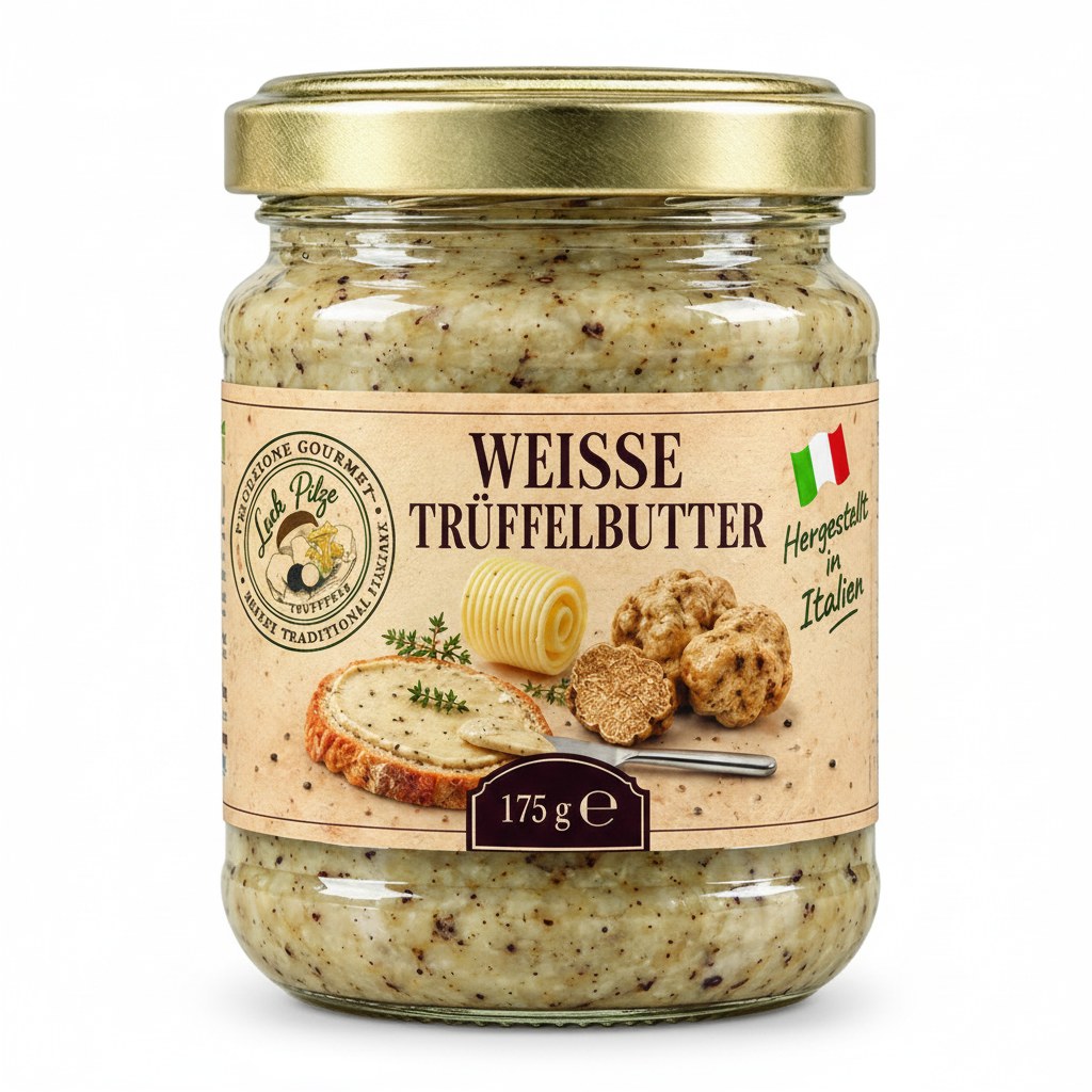 Butter mit weißem Trüffel 175 g Luck Pilze auf weißem Hintergrund