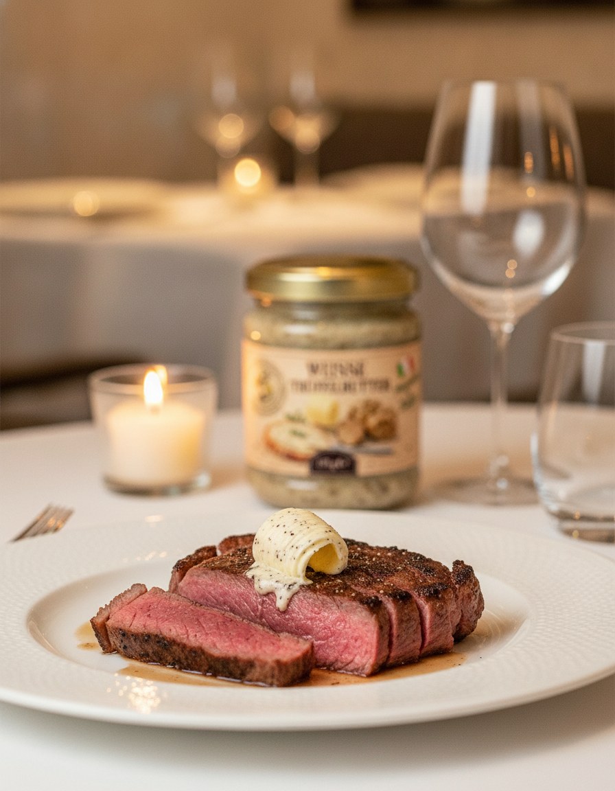 Butter mit weißem Trüffel 175 g Luck Pilze serviert am Tisch