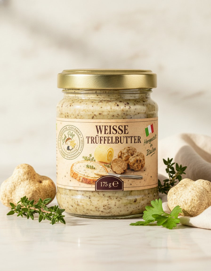 Butter mit weißem Trüffel 175 g Luck Pilze auf Marmorplatte