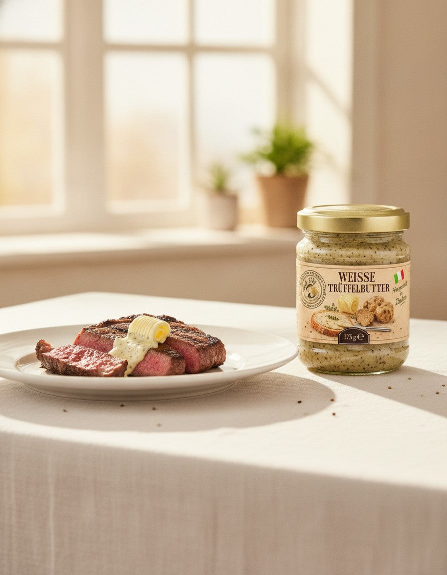 Butter mit weißem Trüffel 175 g Luck Pilze auf einem Tisch am Fenster, neben einem servierten Gericht