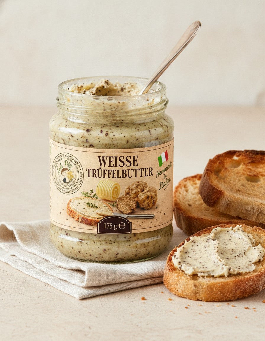 Butter mit weißem Trüffel 175 g Luck Pilze, Nahaufnahme des geöffneten Produkts
